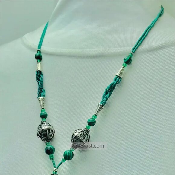 Bohemian Beaded Chain Necklace with Dangling Tassel Pendant, Green Beaded - Picture 4 of 11